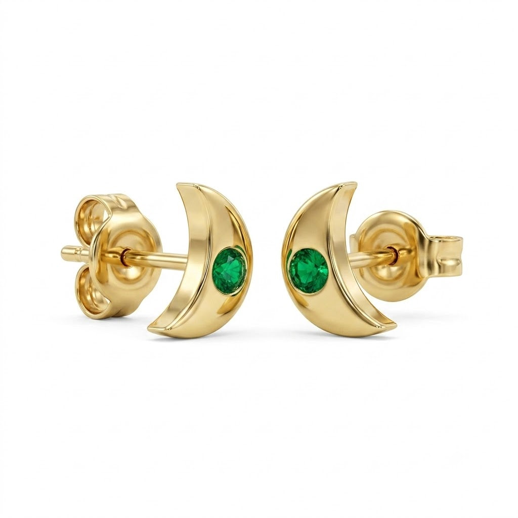 Crescent Moon Emerald Studs