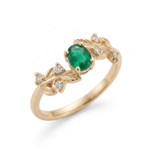 Oval Emerald Botanical Leaf Ring