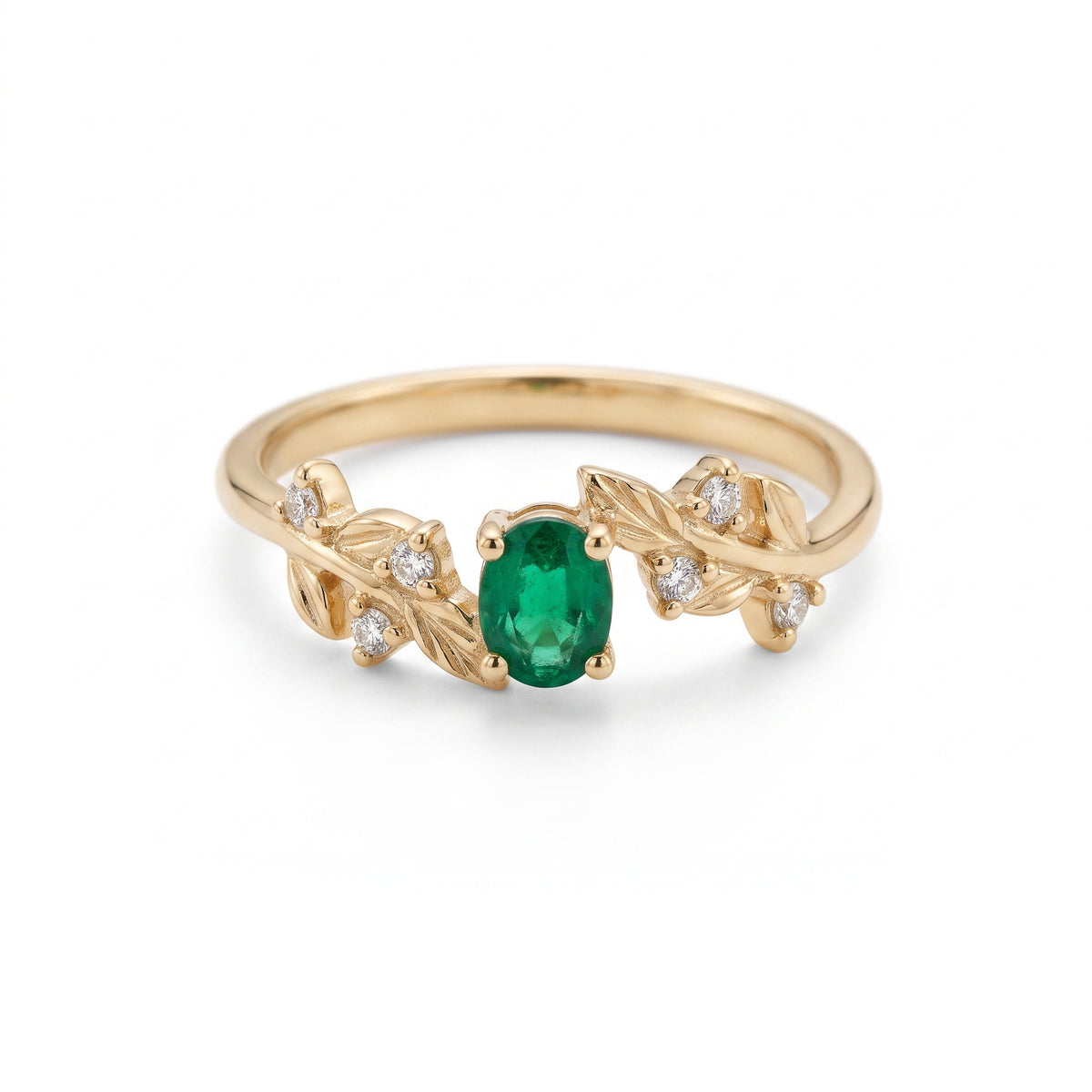 Oval Emerald Botanical Leaf Ring